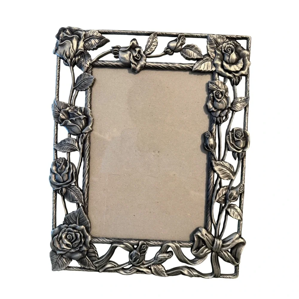 Vintage Style Pewter Tone Rose Floral 5x7 Picture Frame Ornate 3D Metal Silver